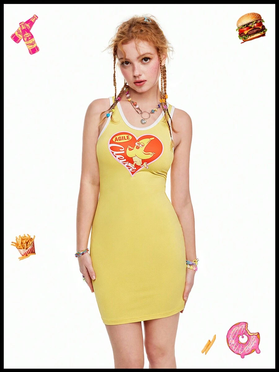 SHEINNeu Quirky Fun Dopamine Yellow Fun Print Tank Top Dress