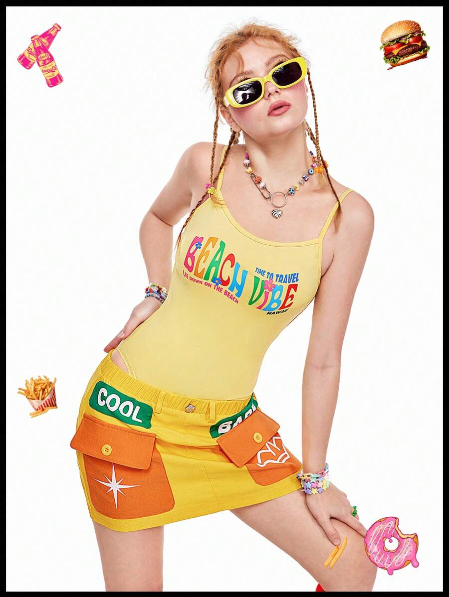 SHEINNeu Quirky Fun Dopamine Beach Vibe Print Bodysuit