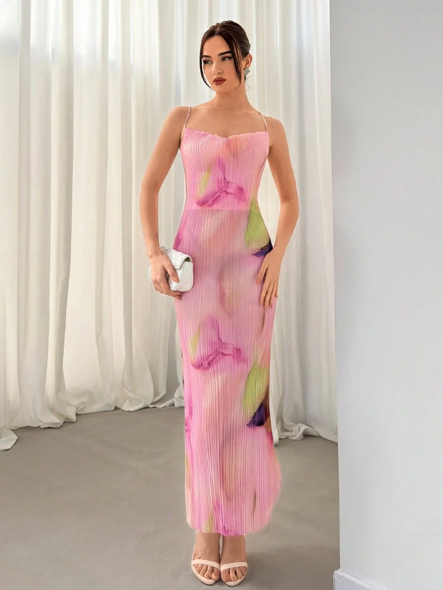 Aloruh Elegant Tie-Dye Printed Pleated Cross Back Long Sexy Bodycon Dress For Spring/Summer, Suitable For Vacation, Outing, Music Festival, Shopping, Dating