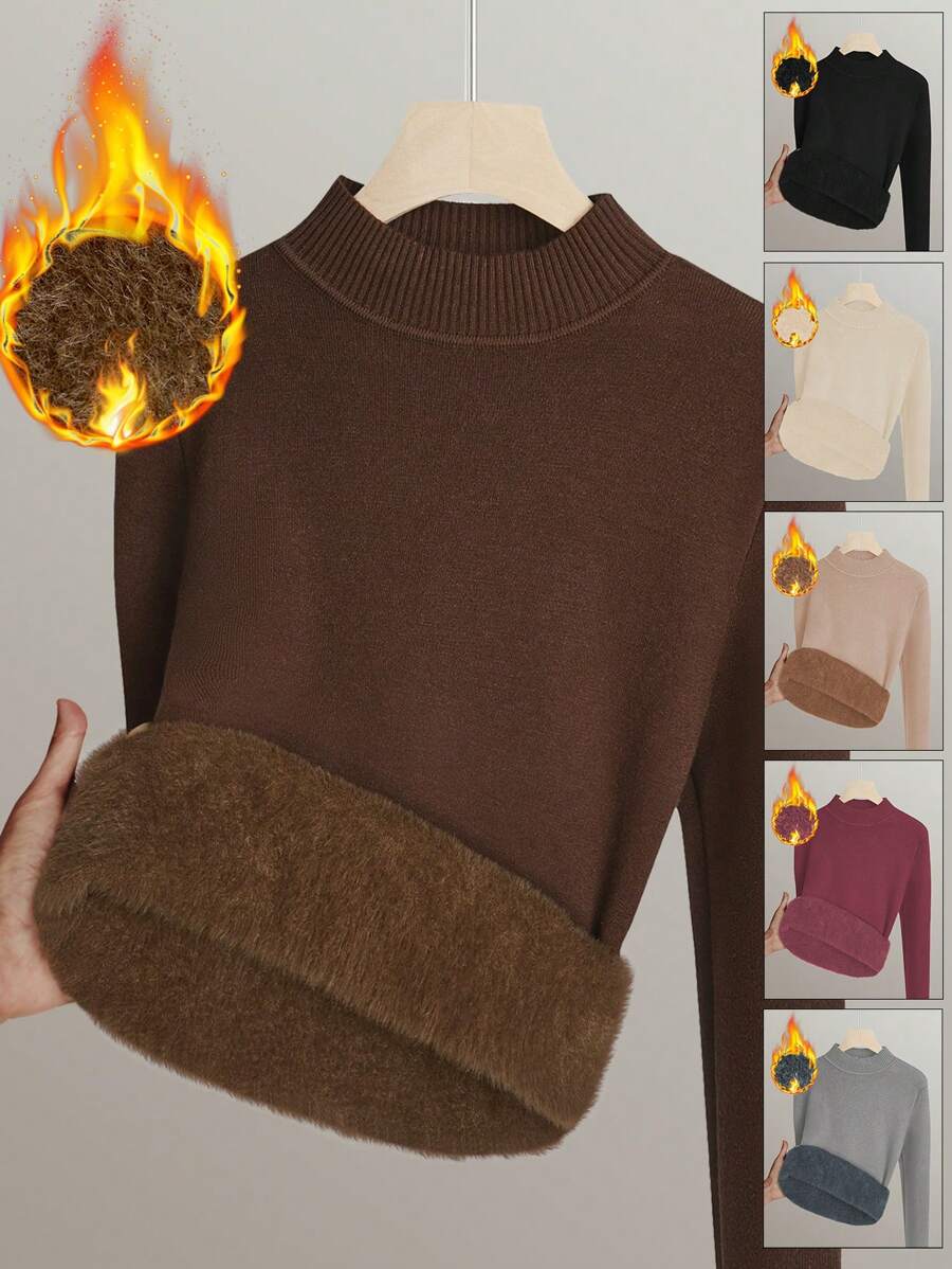 Chiquease Dames effen kleur thermisch gevoerde lange mouwen casual trui, herfst/winter