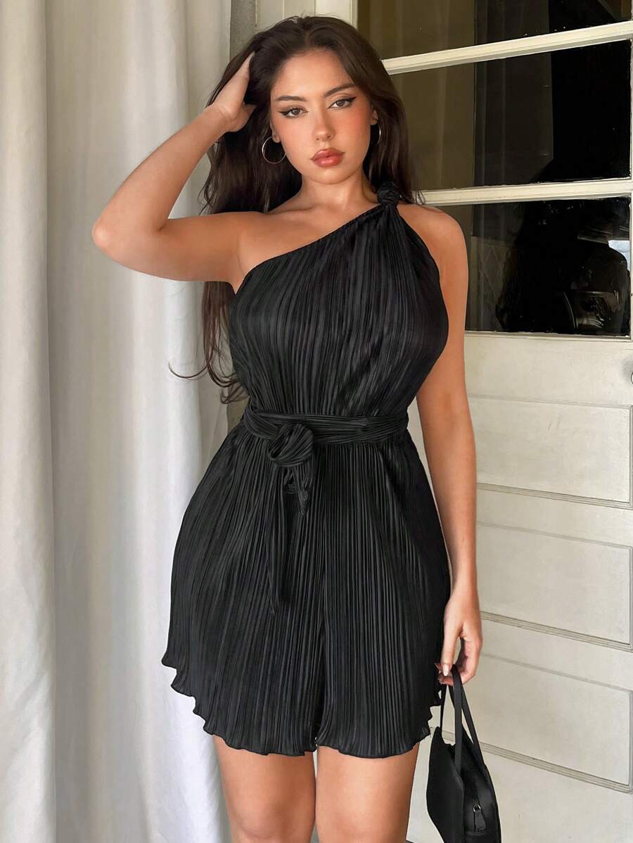 Aloruh Elegant Asymmetrical Neck Sleeveless Self Tie Romper