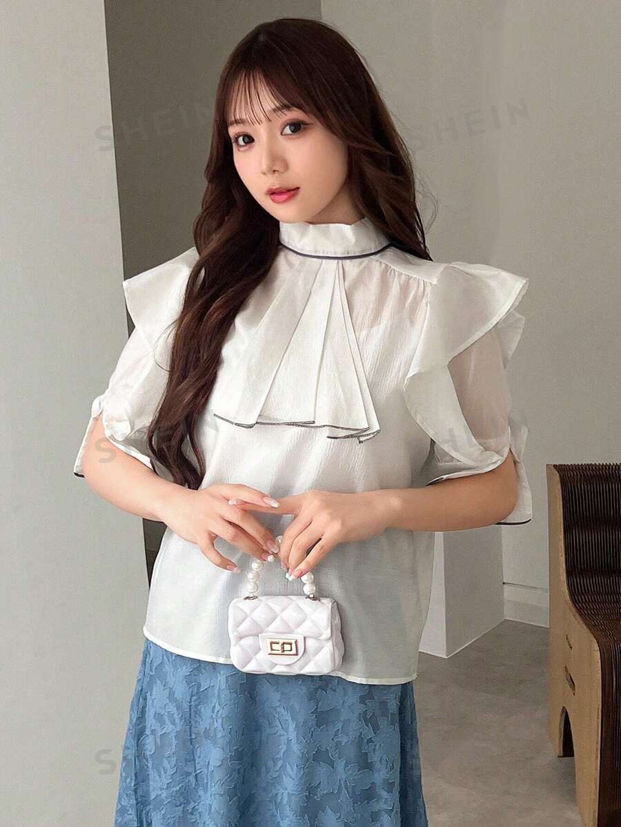 FRIFUL Blusa De Diseño De Dobladillo Con Volantes Y Bloques De Color Para Mujer