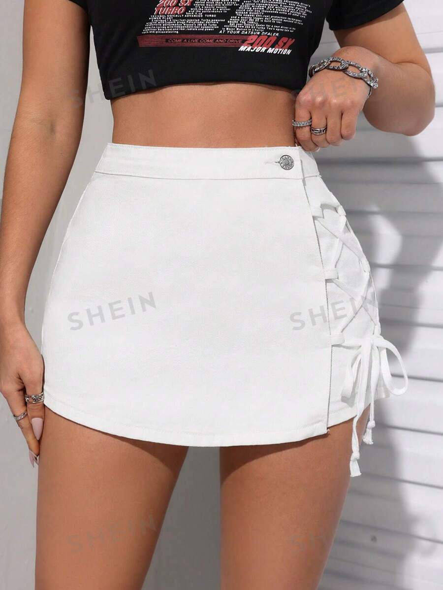 SHEIN PETITE Falda Corta De Mezclilla Ajustada Para Mujer Con Cordón En El Lateral