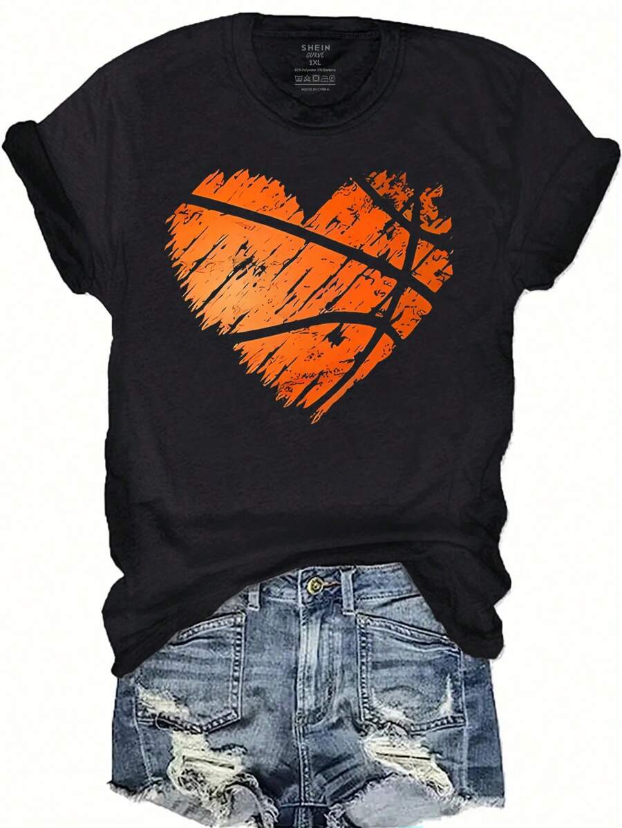 INAWLY Heart Print Round Neck Short Sleeve T-Shirt Graphic Tees Women Tops