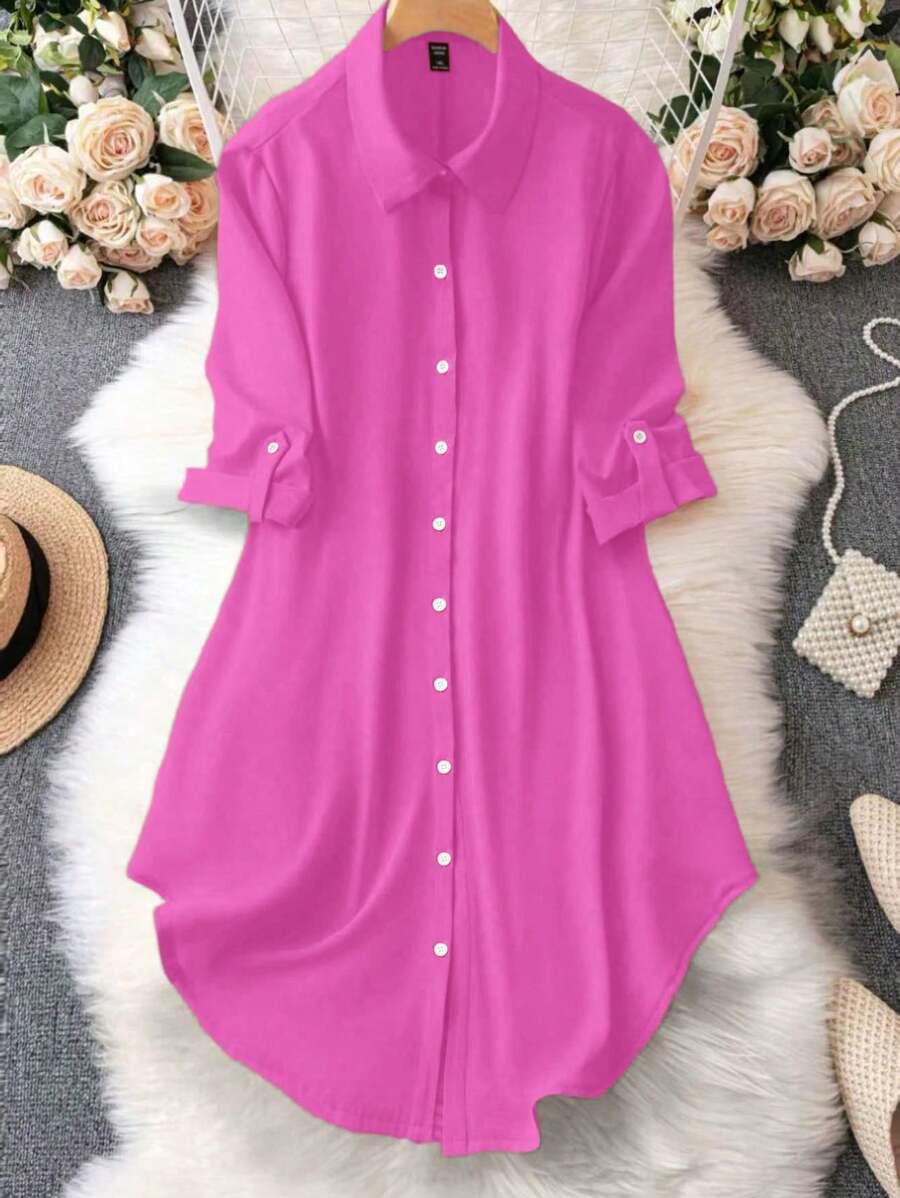 EMERY ROSE Solid Color Button-Trimmed V-Neckline A-Line Dress With Asymmetric Hem