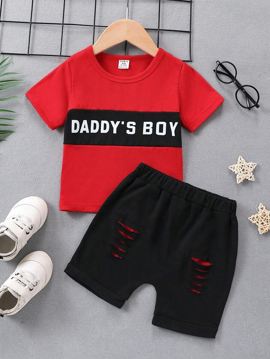 Baby Boy Letter Print Short Sleeve Top And Color Blocking Shorts