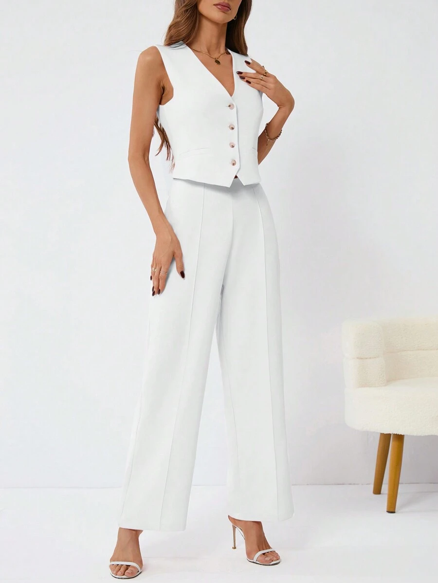 SHEIN Privé Conjunto De Dos Piezas Para Mujer: Chaleco De Botones Y Pantalones
