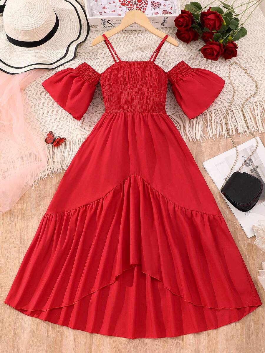 Vestido De Ombro Caído Com Babado De Cintura Elástica Para Adolescentes