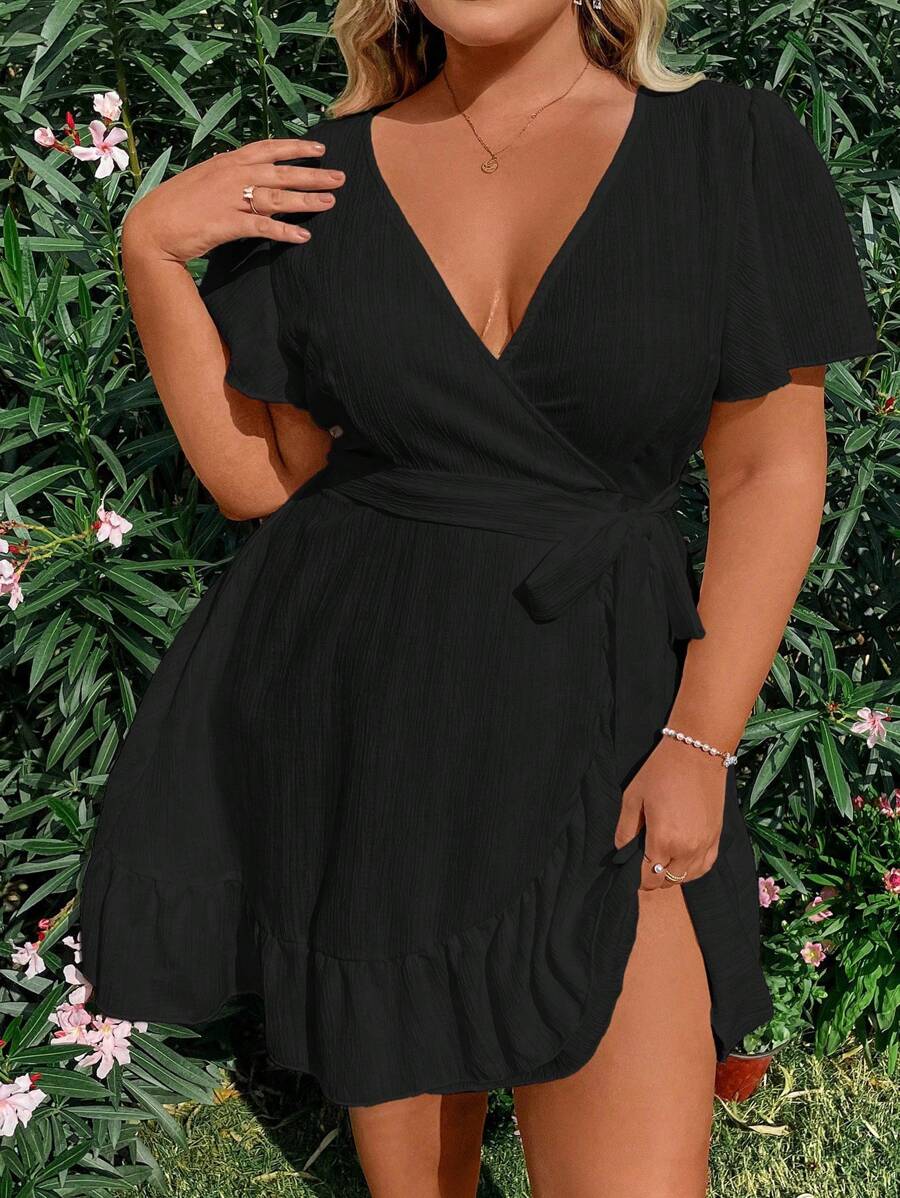 Sunnyshic Plus Size Deep V-Neck Flutter Sleeve Belted Dress Vacation Beach Outfits Women
