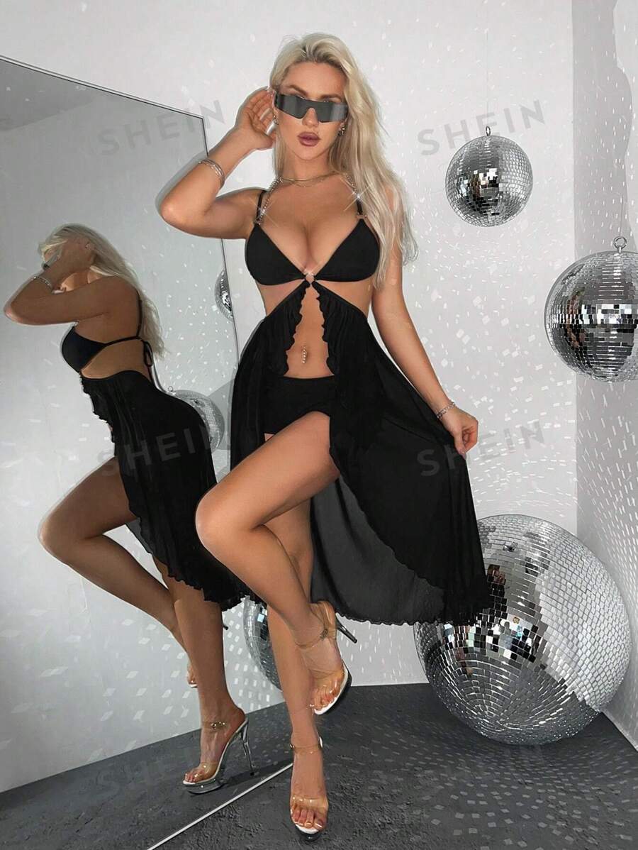 SHEIN ICON Top Con Tirantes De Camisola Para Mujer, Recortado Con Cadenas En Triángulo, Copa Asimétrica Y Dobladillo Largo