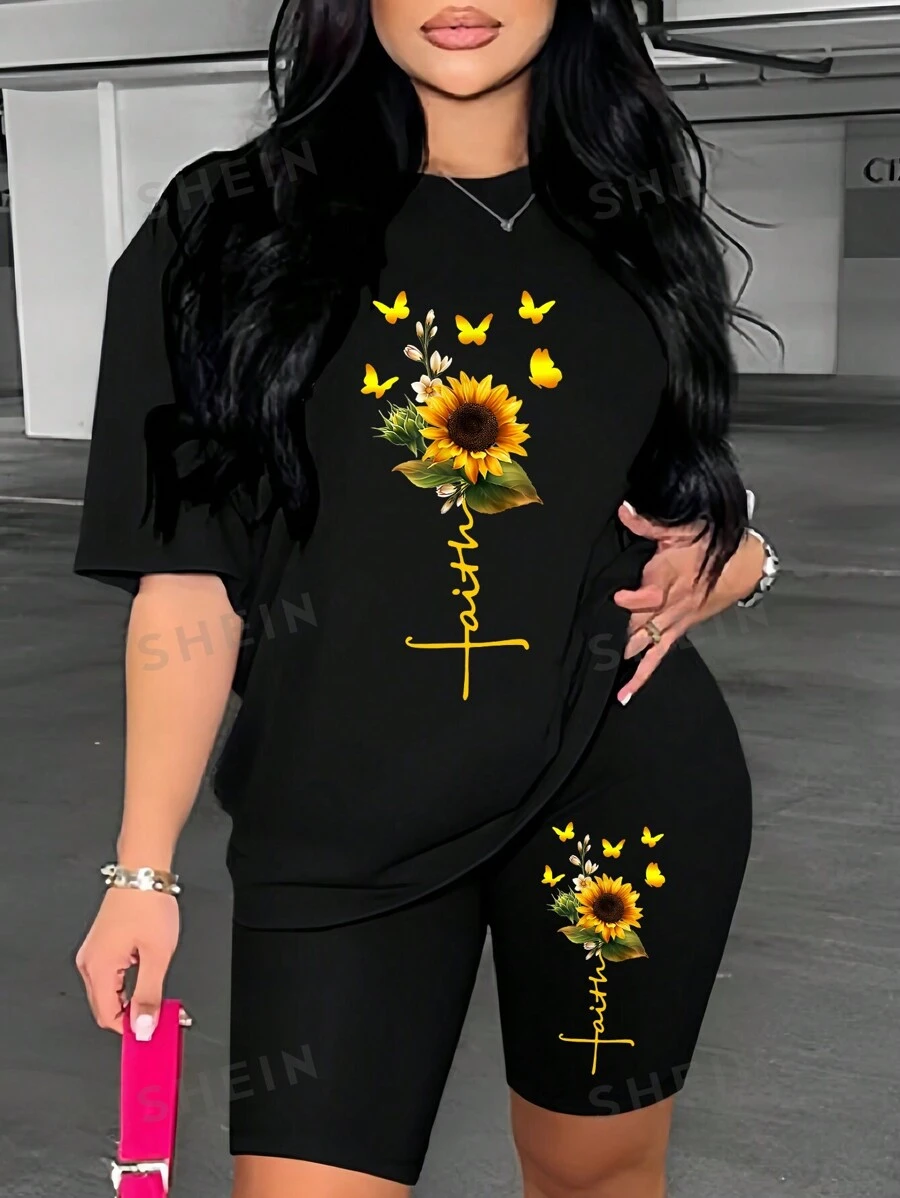 SHEIN Conjunto De Camiseta De Manga Corta Con Cuello Redondo Y Pantalones Cortos Con Estampando De Mariposas Y Girasoles Para Mujer