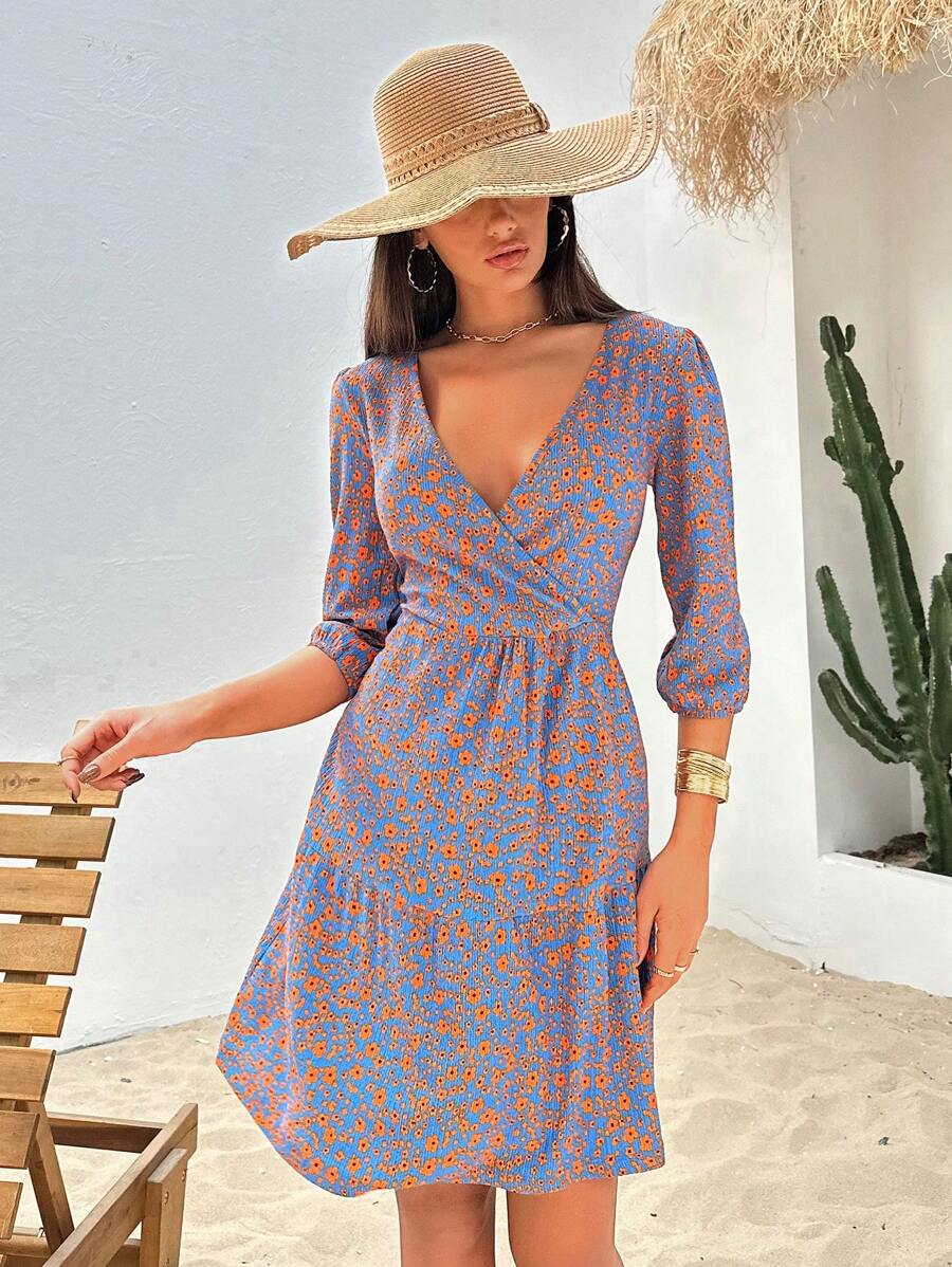 SHEIN SHEIN Bloemenprint Cami-jurk Met Ruchestaille En Binding aan de voorkant