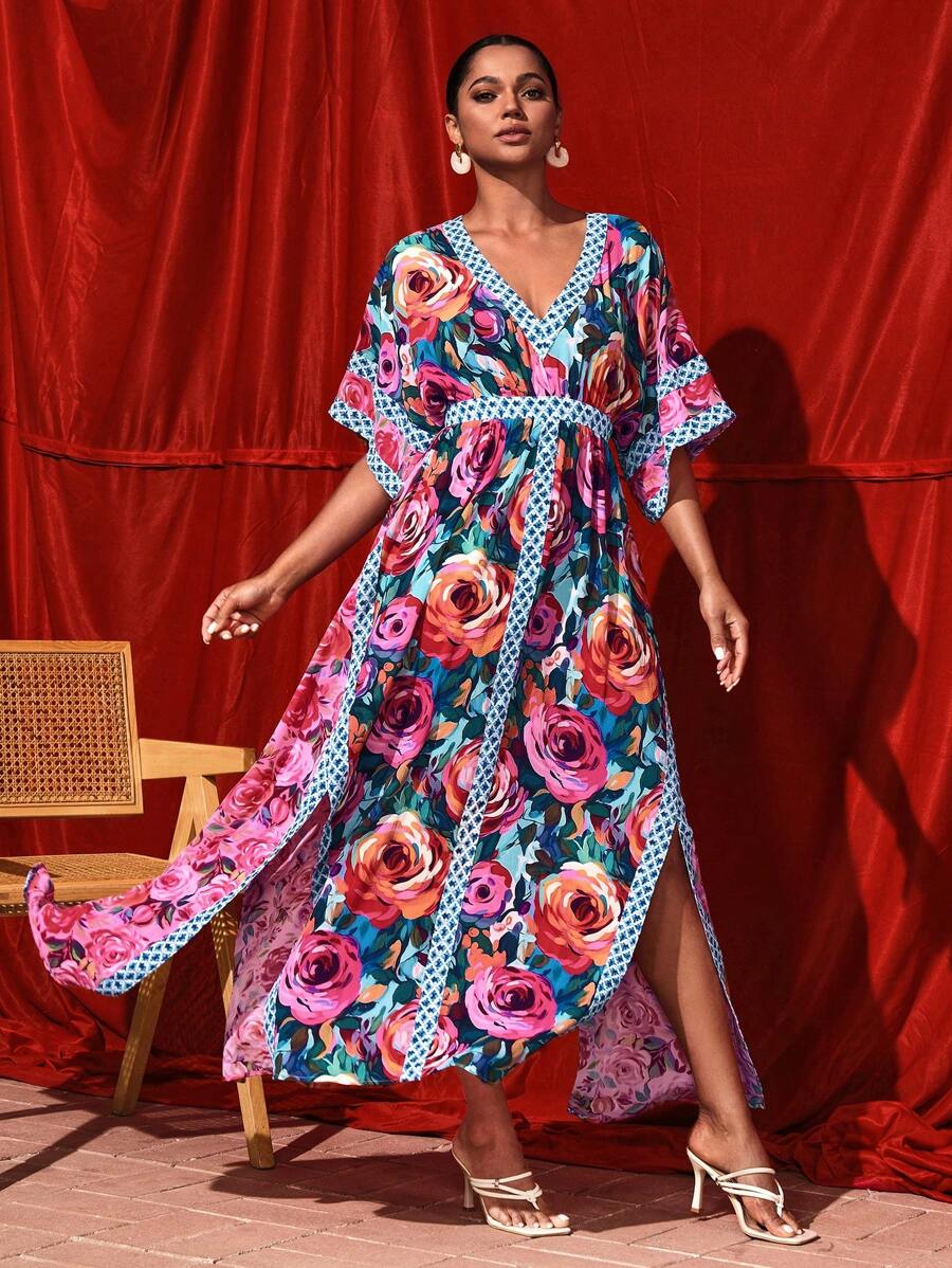 TIYA Vestido largo con cuello en V profundo, estampado total, diseño bohemio y boho para mujer, vestido elegante de verano, atuendo para Año Nuevo, para vacaciones, fiestas y festivales