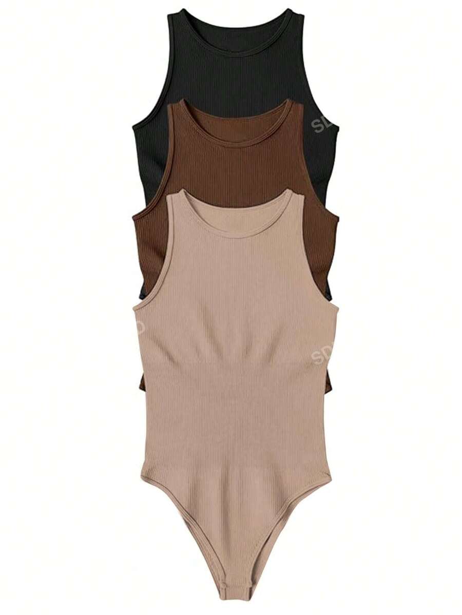 Women Solid Color Ribbed Sleeveless Bodysuit