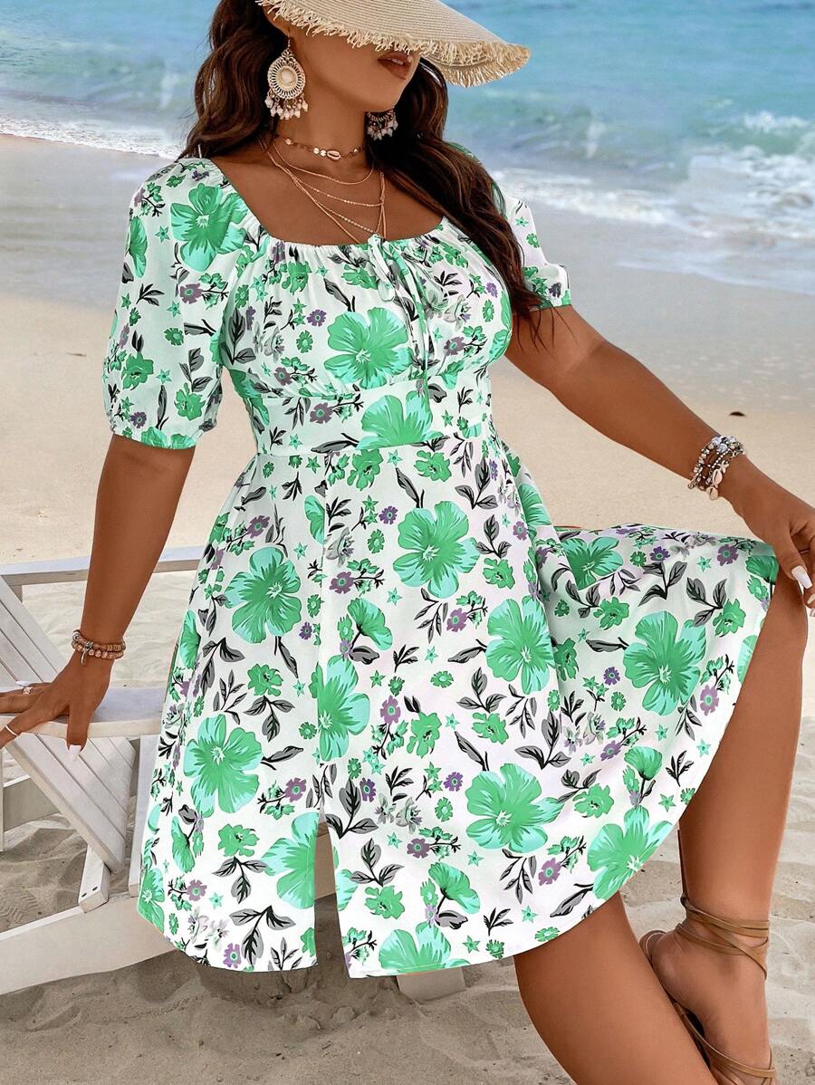 Breezaya Plus Size Floral Printed Square Neck Puff Sleeve Bubble Hem Dress