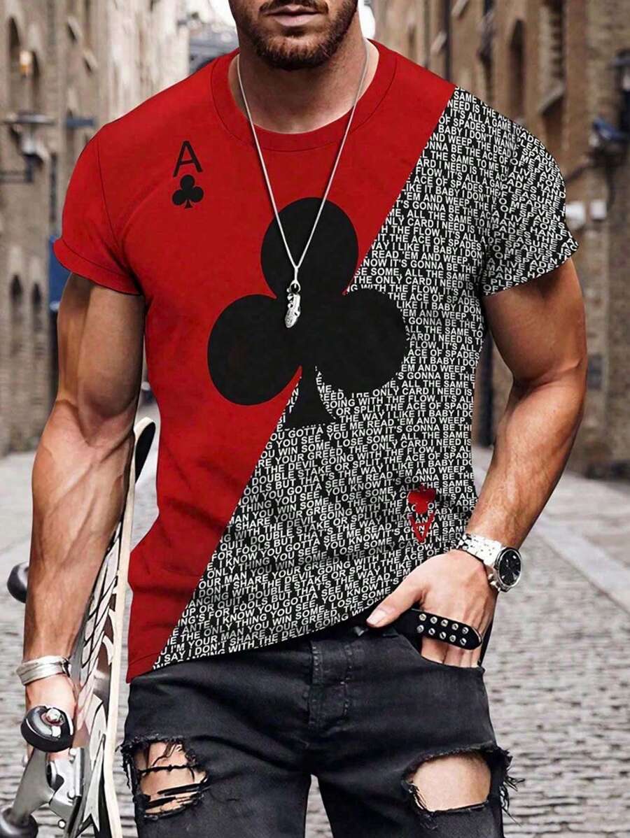 Manfinity LEGND Men Casual Letter & Playing Card Graphic Print Colorblock Short Sleeve Tee, For Going Out