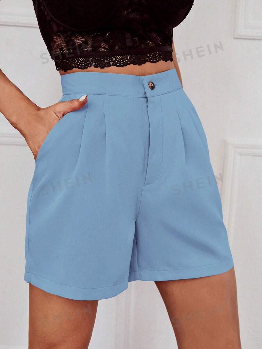 RosyDaze Pantalones Cortos De Mujer Sólido Con Pliegues Y Bolsillos