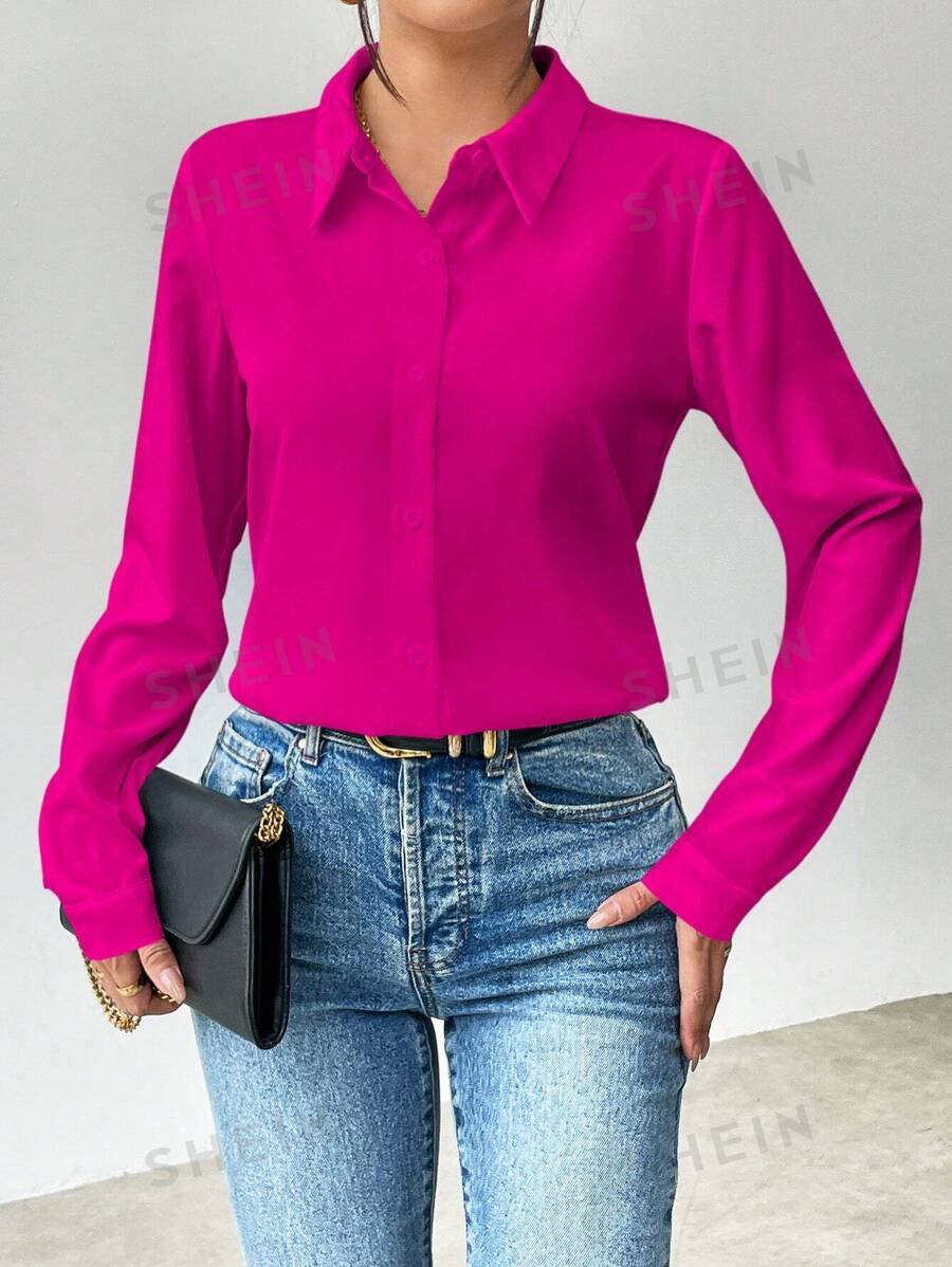 SHEIN Clasi Camisa de mujer de unicolor minimalista con botones, blusas de manga larga