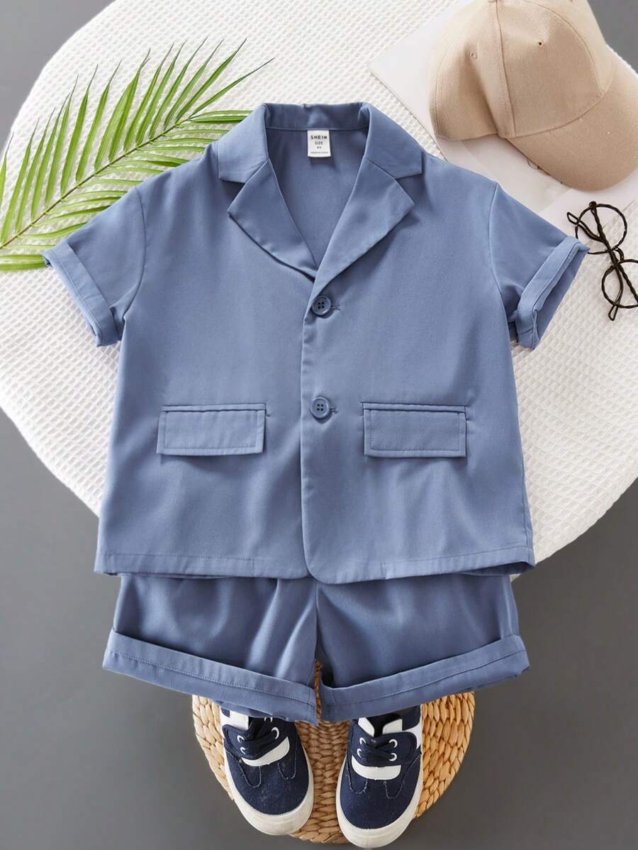SHEIN Kleine Jungen 2Stück/Set locker geschnittenes Kurzarm Anzug-Jacke mit schlichten Farben, klassisch und vielseitig, geeignet für Ausflüge, Schule, Feiertage, Frühling und Sommer, und Shorts