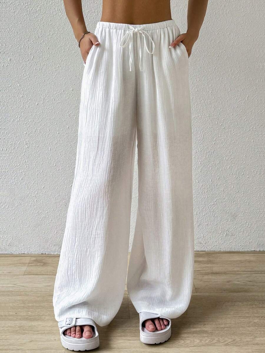 SHEIN EZwear Pantalones largos de mujer de unicolor con nudo a la cintura