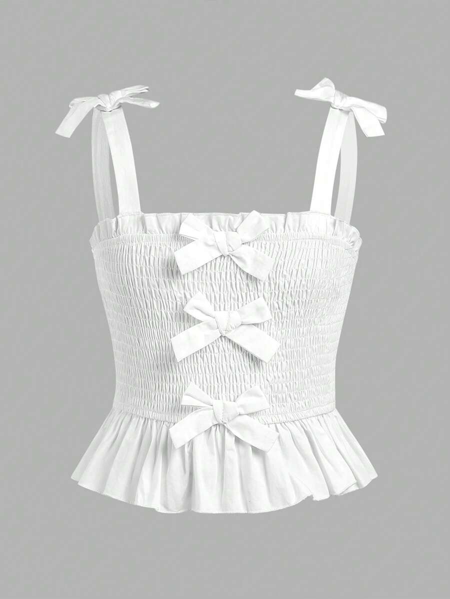 SHEIN Girlism Tween Girl Strap Top With 3d Bow, Ruffle Trim And Pleated Design