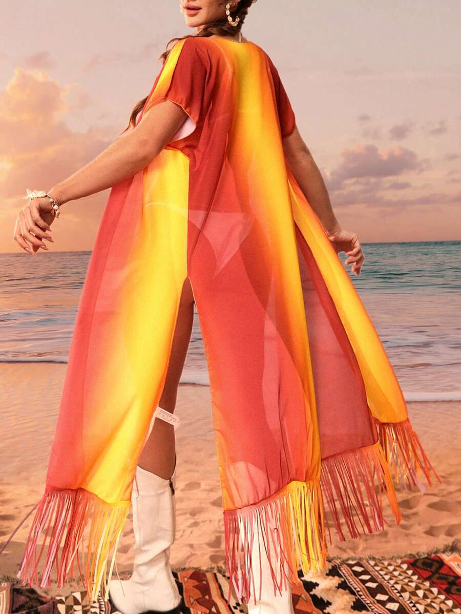 SHEIN Swim Damski Gradient Otwarcie z przodu Rozcięcie Z paskiem Kimona Rozpinane Swetry