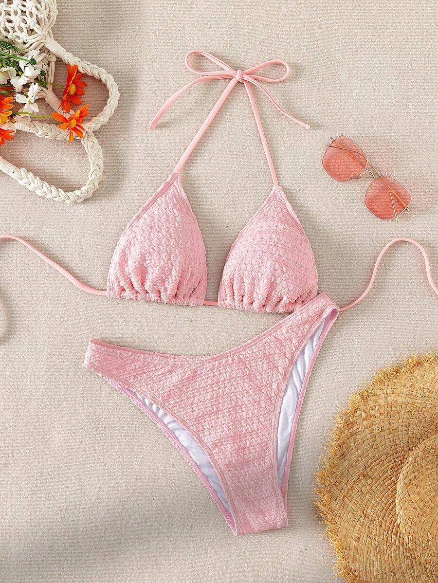 Shein Swim Traje De Ba O De Bikini Con Textura Unicolor Y Corte Dividido En Cuello De Halter