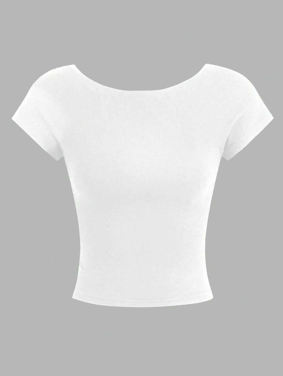 SHEIN MOD Sexy Casual Solid Color Versatile Backless Short Sleeve Off-Shoulder Fitted T-Shirt, Suitable For Summer
