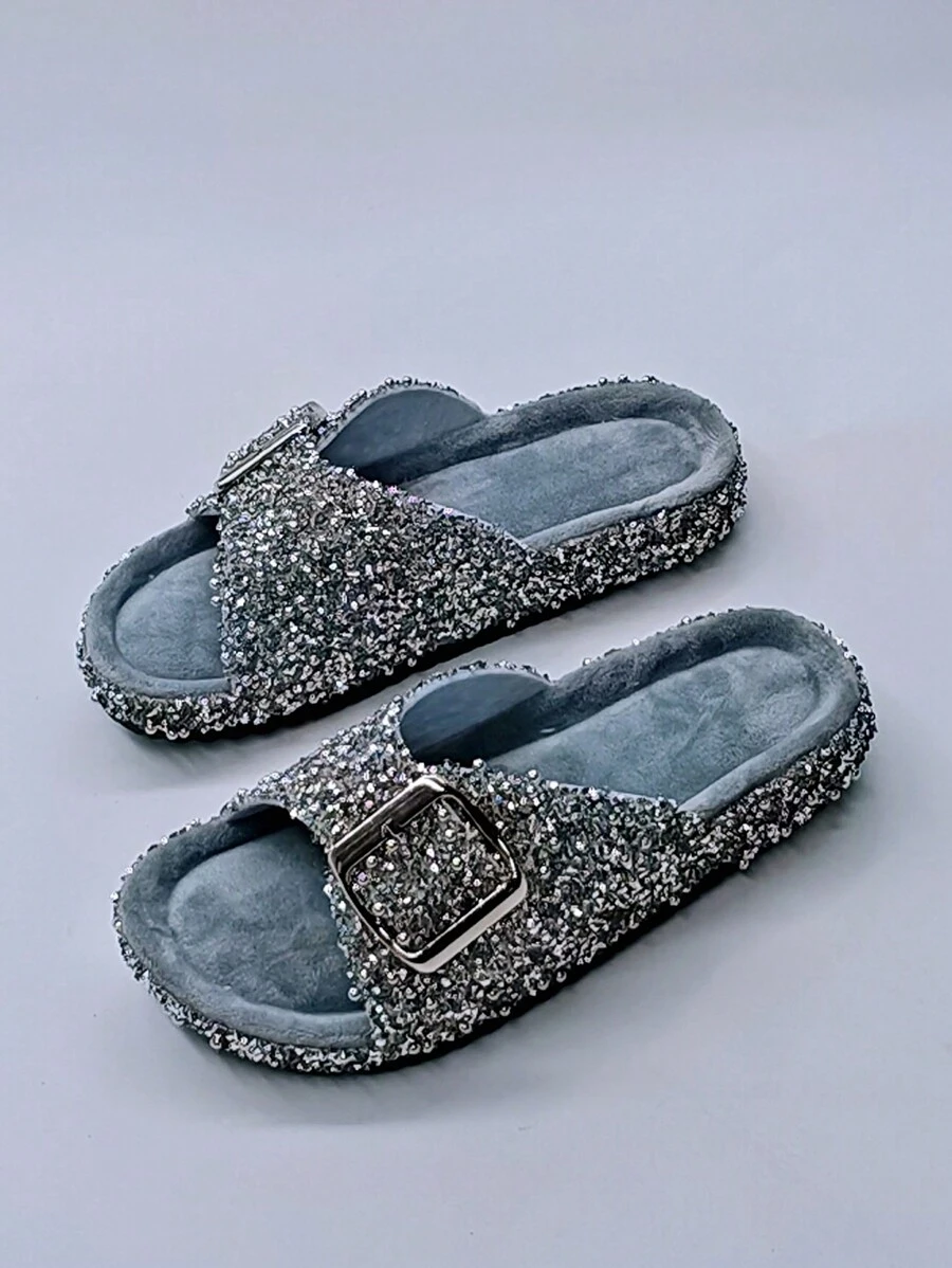 roulvxiang New Rhinestone Sequin Flat Beach Women's Casual House Slippers Outdoor Printed Party Cute Sandals Valentines