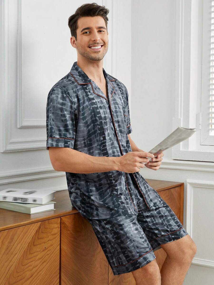 Conjunto De Camisa De Manga Corta Y Pantalones Cortos Para Hombre Con Estampado De Teñido Anudado, Ideal Para Usar En Casa