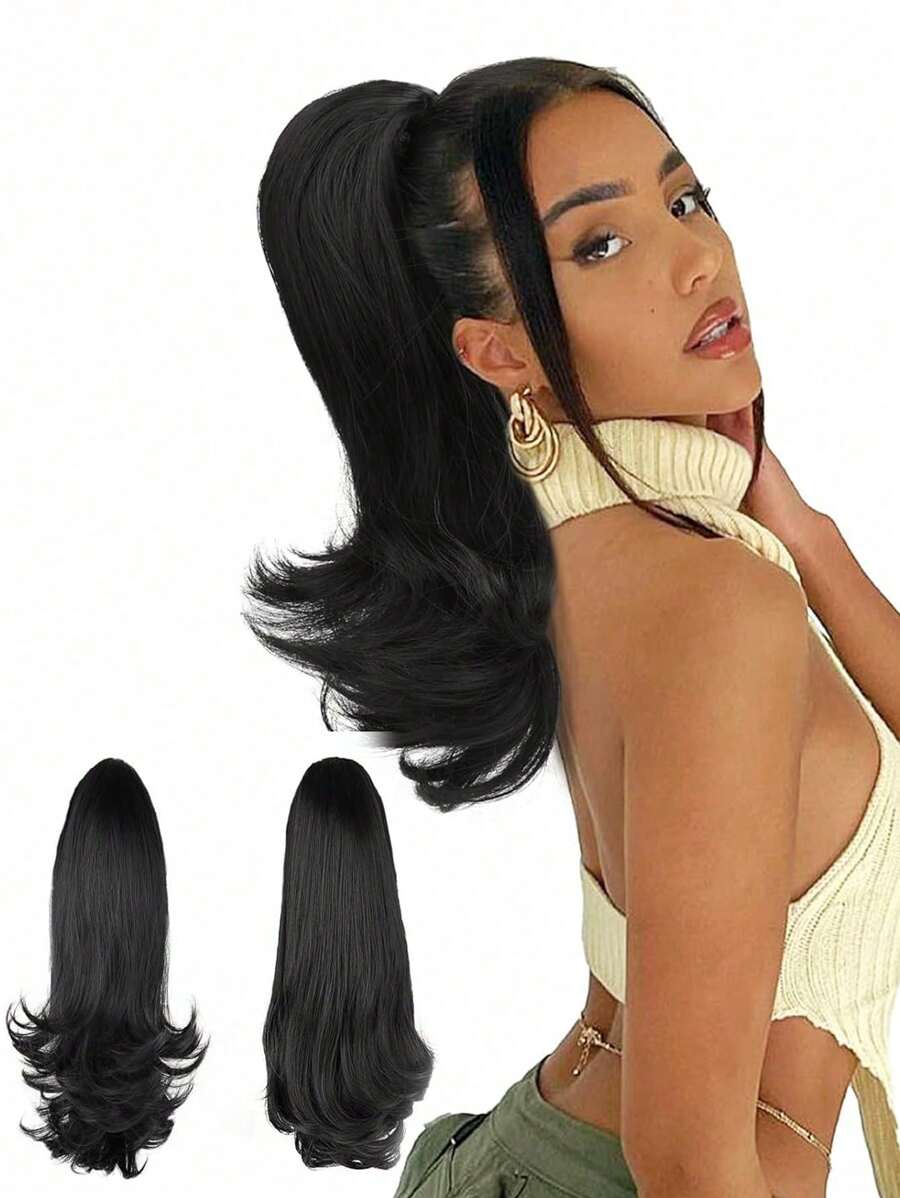 Drawstring Ponytail Extension 12 Inch Short Curly Wig Pony Tail Hair Extensions For Women Girls High Heat Resistant Synthetic Fiber Fake Hairpieces-Black,Looks Natural Like