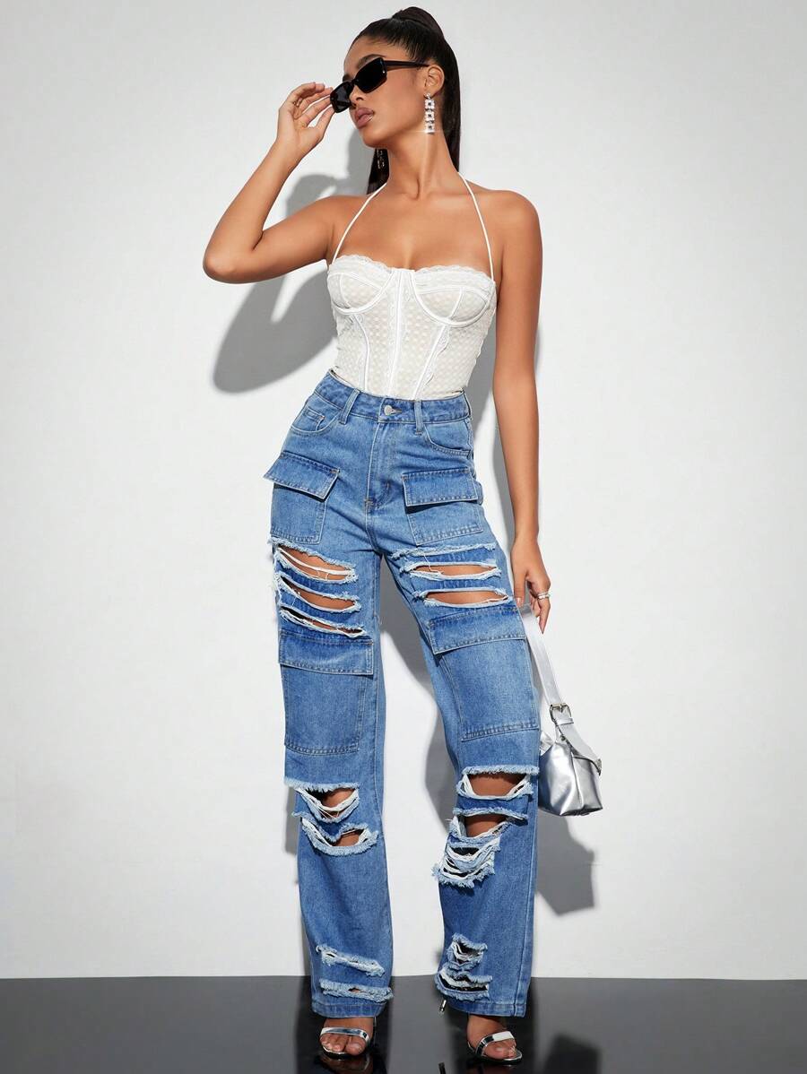SHEIN BAE Vaqueros De Pernera Recta Con Rotos Y Agujeros