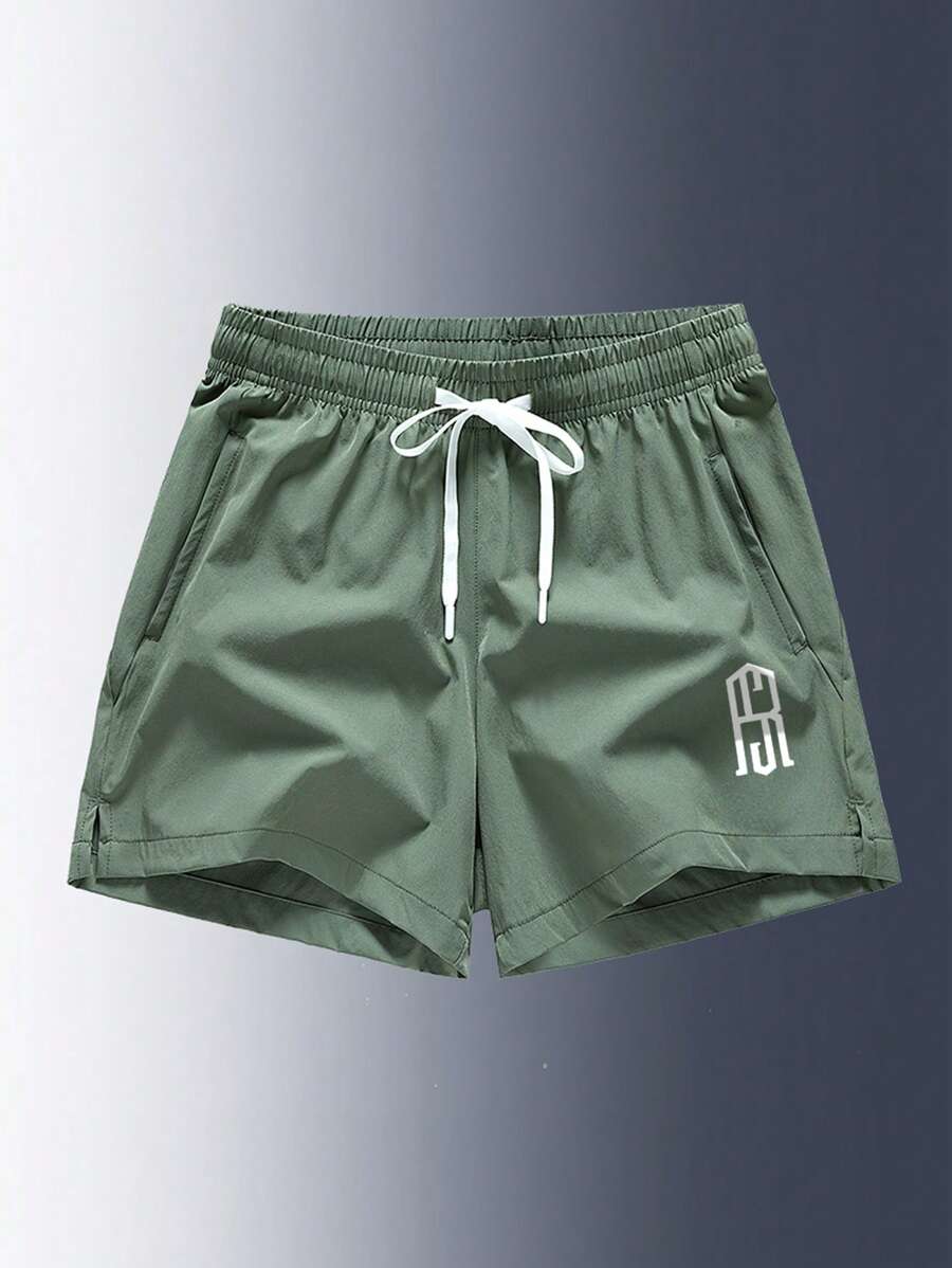 Men's Letter Print Pocket Casual Loose Drawstring Waist Shorts