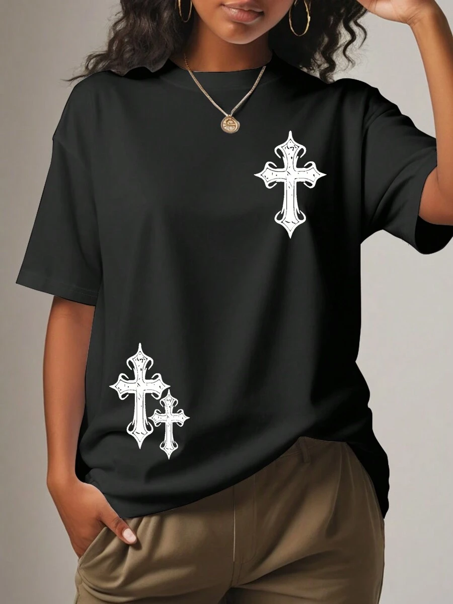 INAWLY Cross Print Round Neck T-Shirt Graphic Tees Women Tops