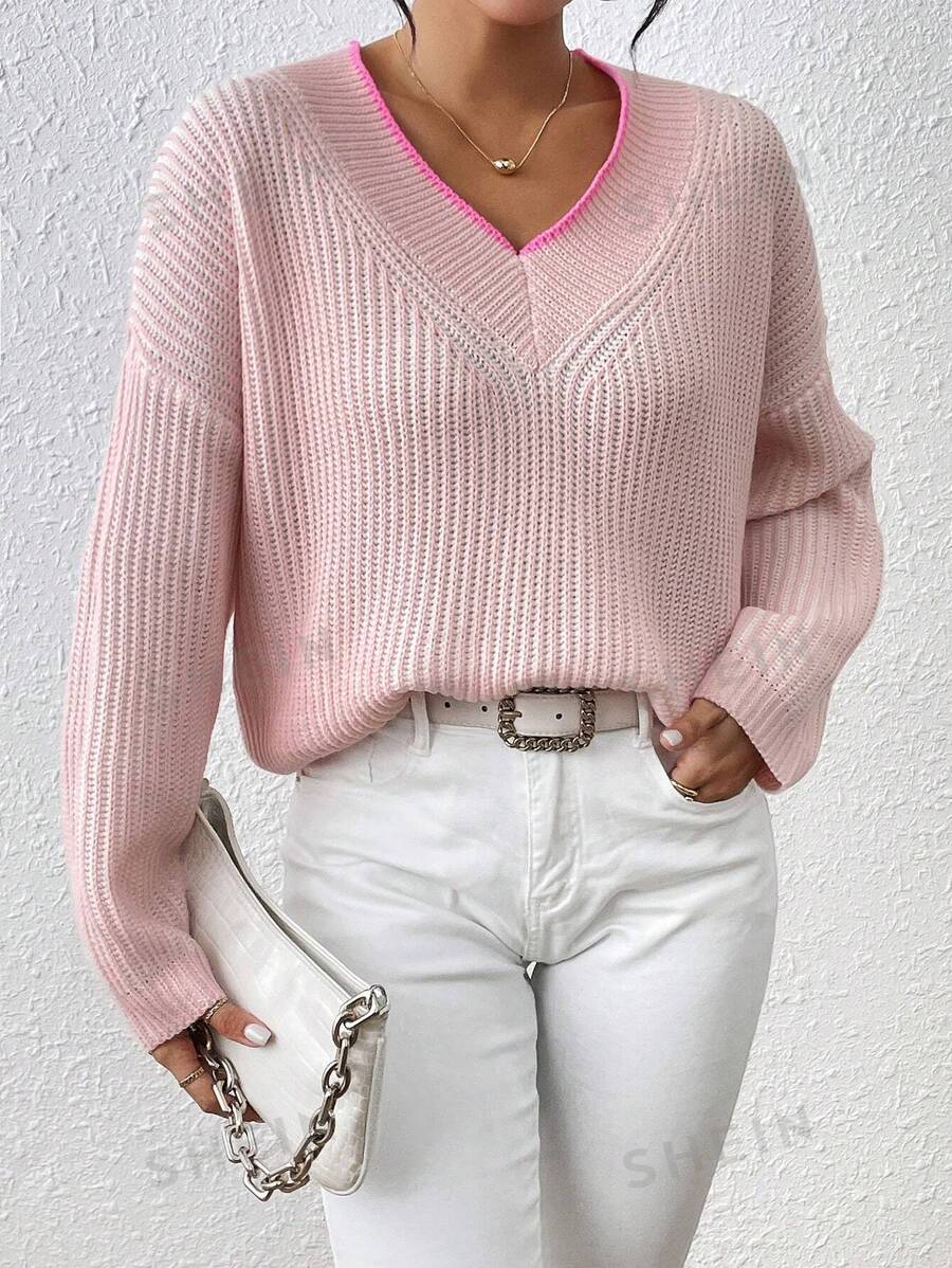 Chiquease Sweater Casual De Cuello En V De Mujer Con Hombros Caídos