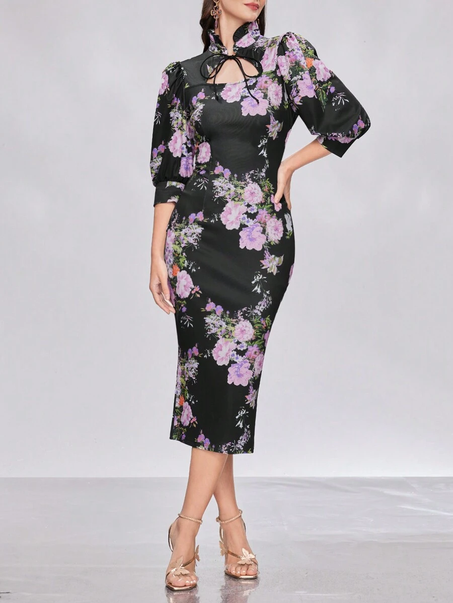 Mulvari Vrouwen Bloemenprint Kokerjurk Met Binding aan de voorkant