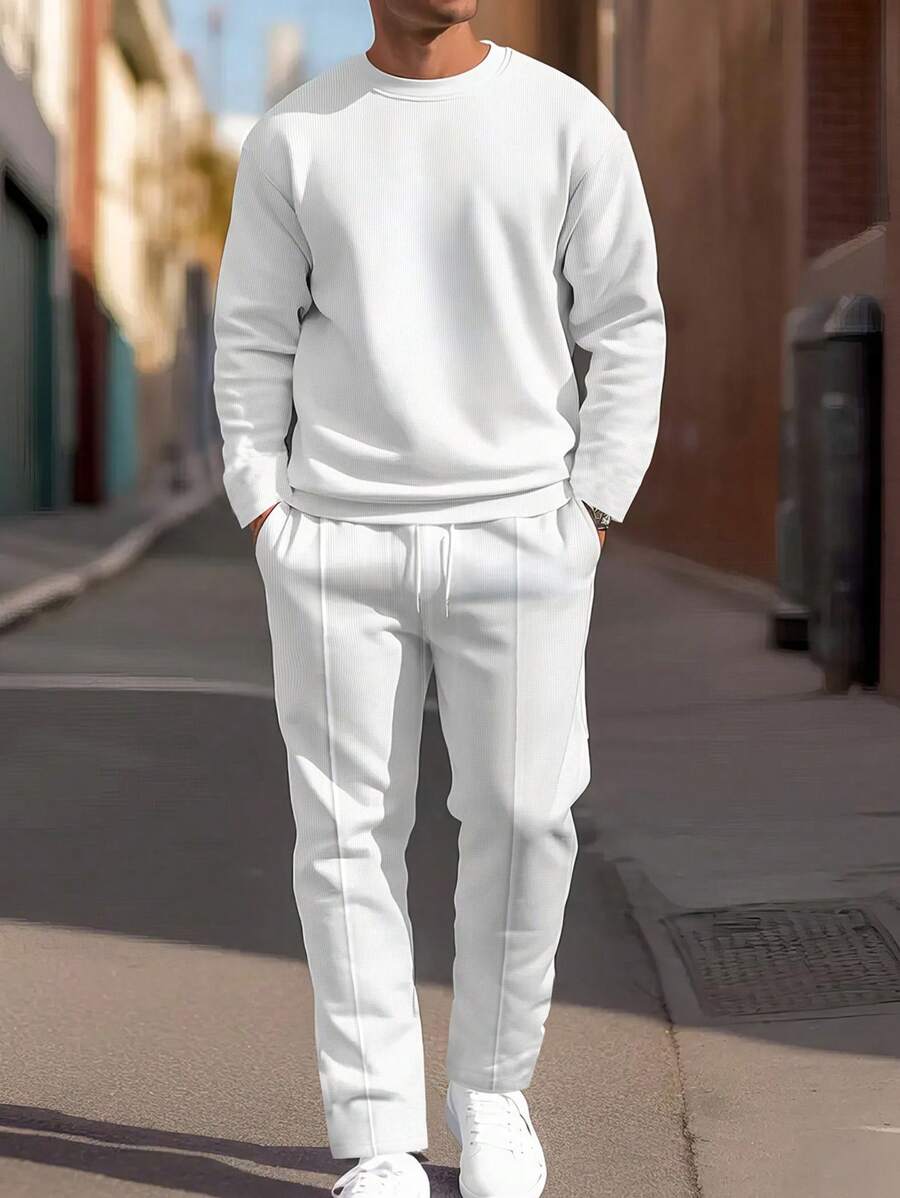 Manfinity Homme Men's Solid Color T-Shirt And Drawstring Waist Long Pants Set, Going Out