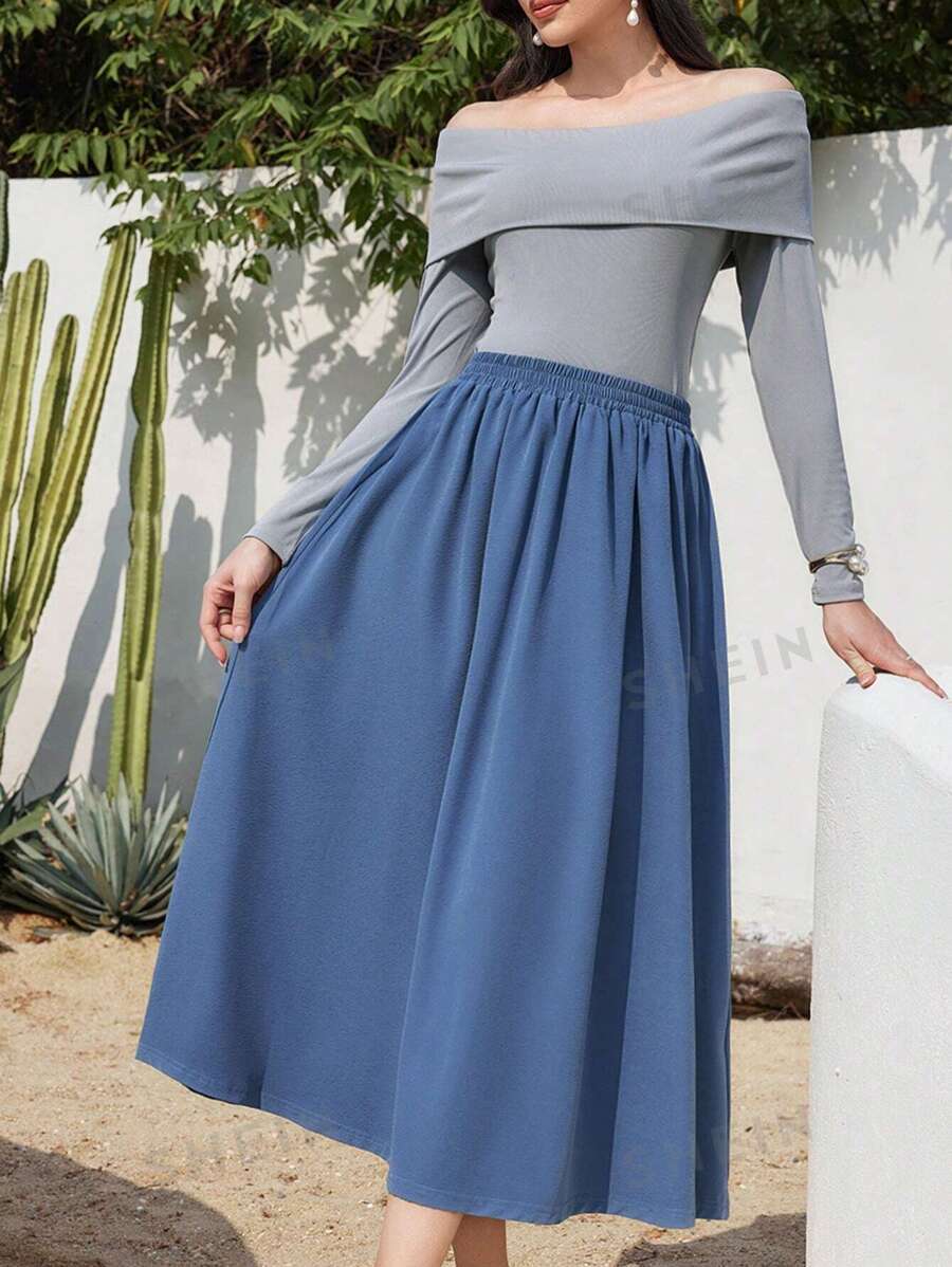 Modelyn Conjunto de 2 piezas de blusa de hombros descubiertos y falda en bloque de color para damas