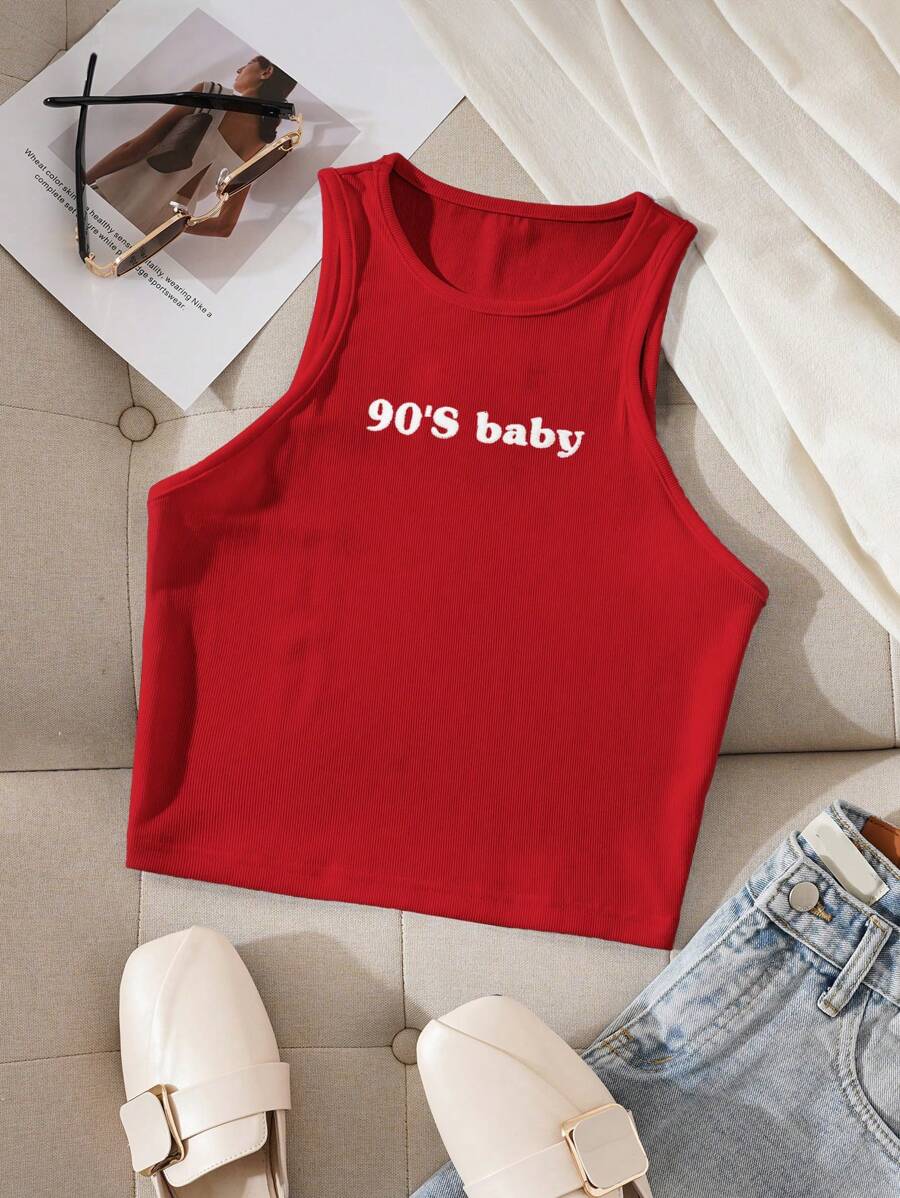 INAWLY Camiseta de tirantes de ajuste ceñido con estampado de letras cuello redondo para mujeres