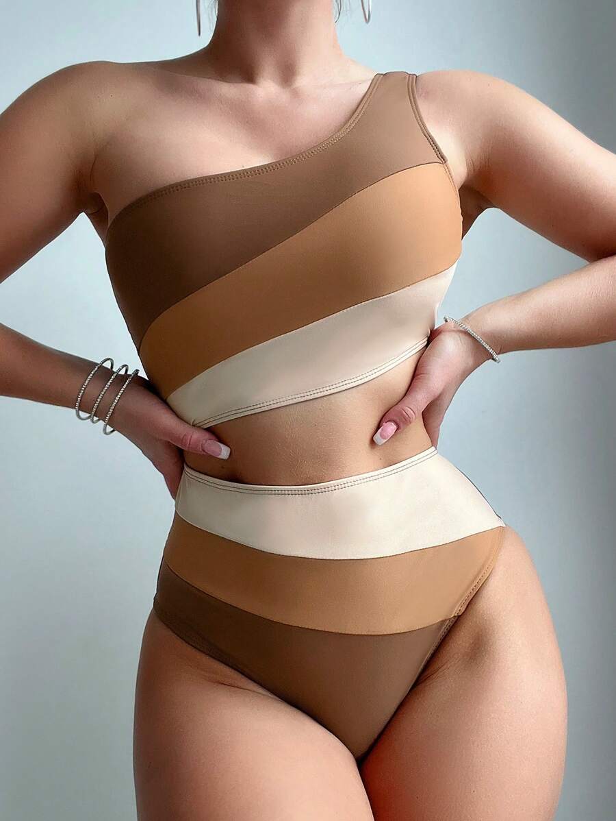 SHEIN Swim Women's Color Block One Shoulder Cut Out Patchwork Fashionable One-Piece Swimsuit Bathing Suit For Swimming, Vocation, Summer Beach