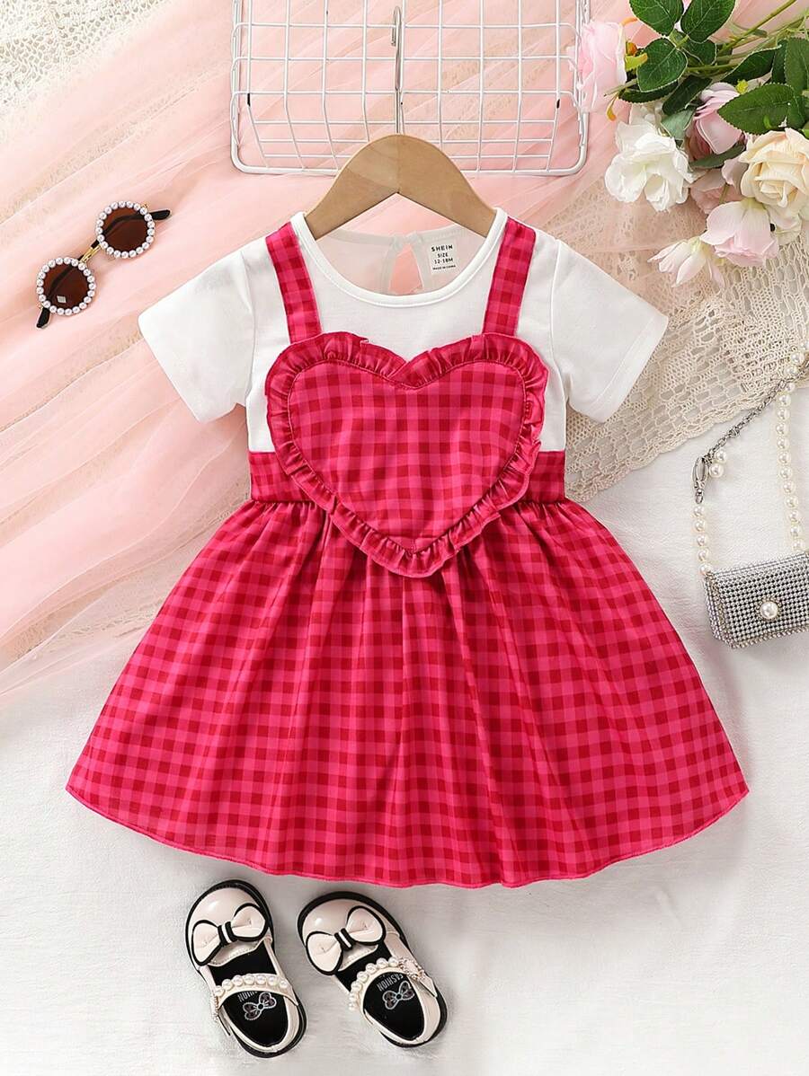 SHEIN Baby Girl Casual Elegant Vintage Cute Plaid Patchwork 2 In 1 Dress With Fun Design Suitable For Spring And Summer Outings