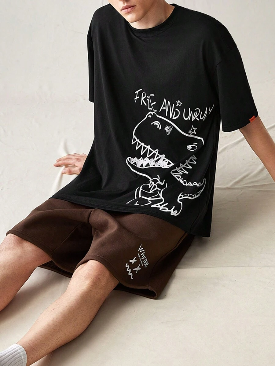 Manfinity RebelGame Conjunto De Camiseta Y Pantalones Cortos De Punto De Ocio Con Estampado De Dinosaurio Para Hombre