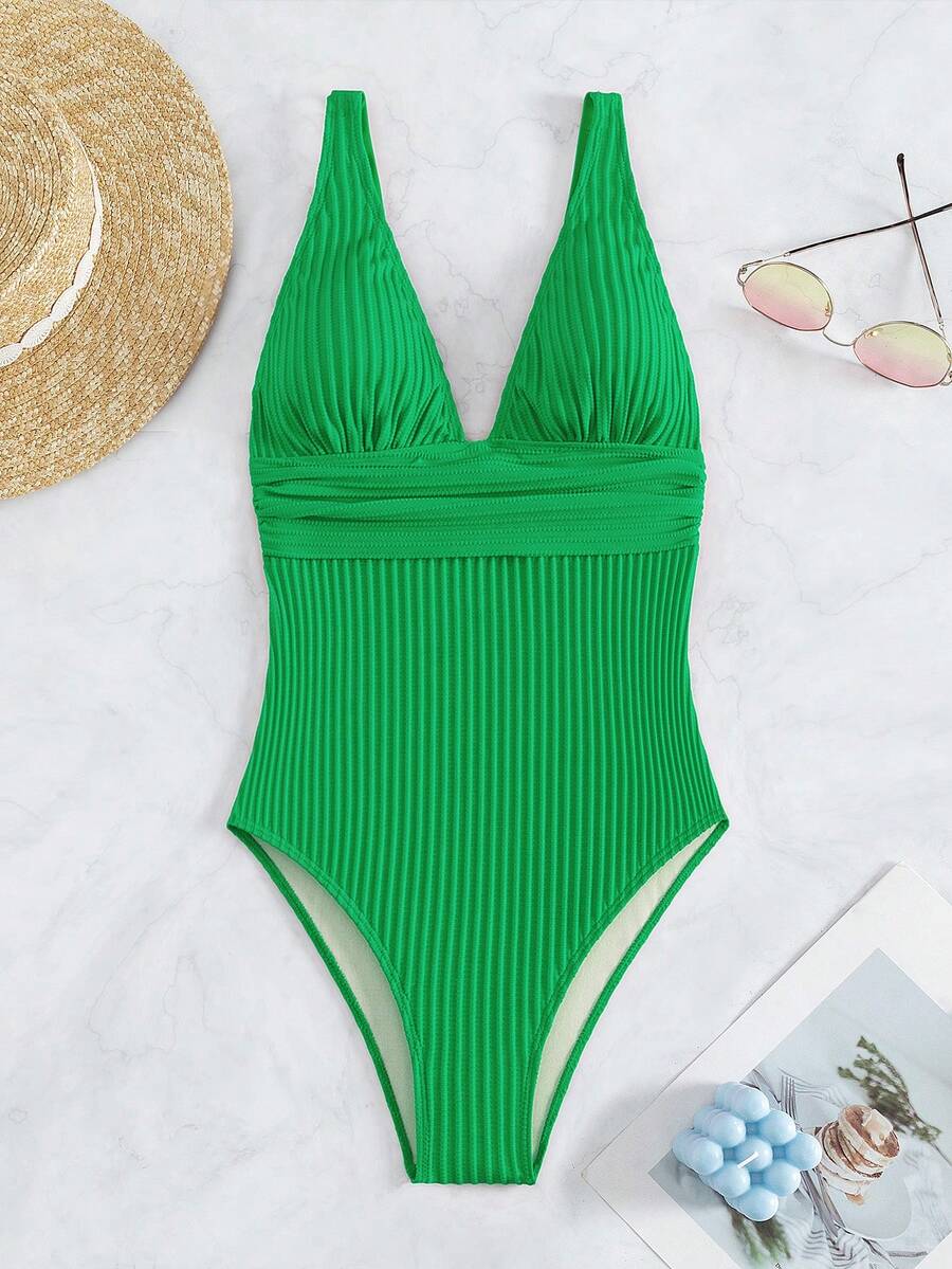 SHEIN Swim Solid Texture Cinching Waist OnePiece Swimsuit For Swimming,Summer Beach SHEIN UK