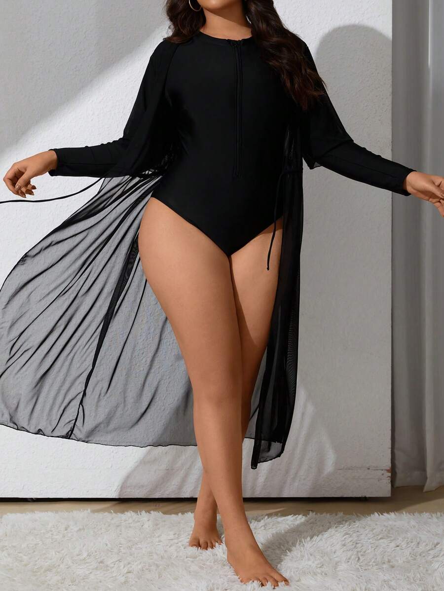 SHEIN Swim Curve Plus Size Plain Long Sleeve One Piece Swimsuit Summer