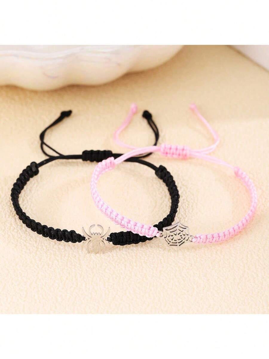 ZIRUISP 1pair Stainless Steel Black & White Engraved Handmade Woven Couple Bracelet, Unisex
