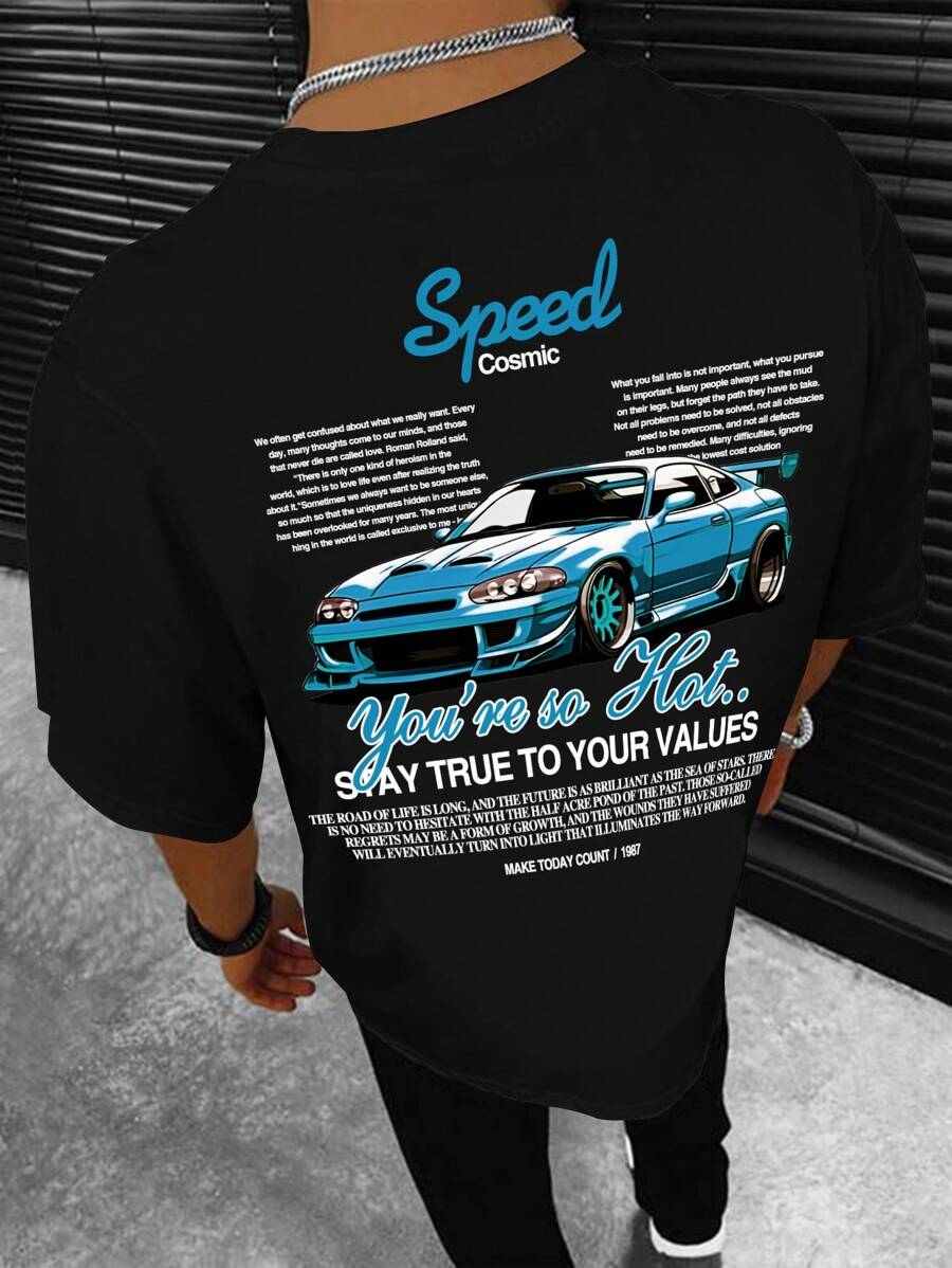 Men's Casual Round Neck Car Logo Printed T-Shirt, Suitable For Commuting