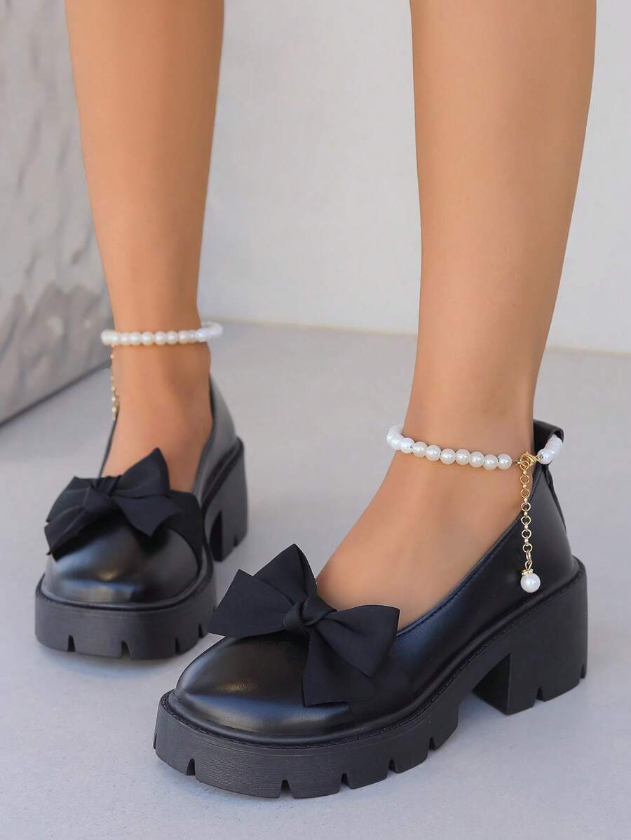 Zapatos de estilo Mary Jane para niñas con suela gruesa, llegada nueva de primavera, lazo con nudo y falso adorno de perla, mocasines de estilo dulce