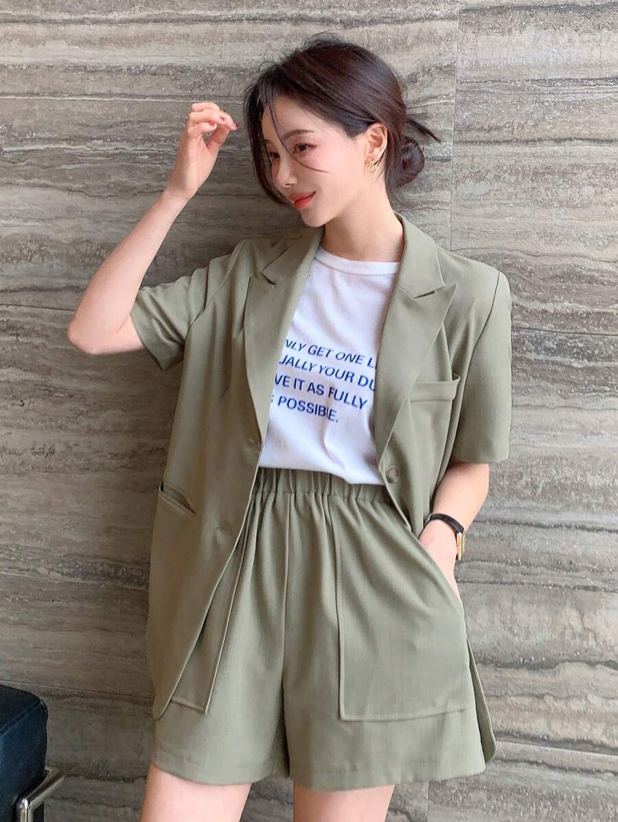 DAZY Business Casual Blazer Collar Short Sleeve Top And High Waist Wide Leg Shorts 2 Pieces Set For Women