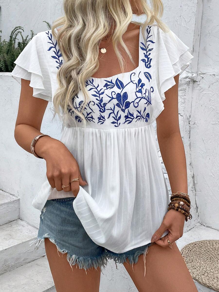 SHEIN LUNE Women's Summer Square Neck Embroidered Short Sleeve Shirt Peplum Top