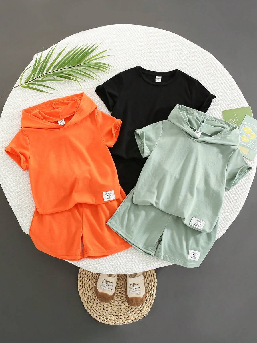 SHEIN 6pcs/Set Young Boy Casual College Styled Comfortable, Fashionable, Simple, Versatile, Soft, Breathable And Practical Decorative Embroidery Short Sleeve Hoodie And Shorts, Plus Breathable And Comfortable Short Sleeve Round Neck T-Shirt And Shorts, Suitable For Spring And Summer